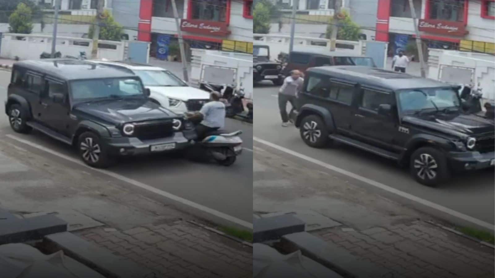 Thar का कहर! पहले स्कूटी को सामने से उड़ाया, फिर रिवर्स कर के शख्स को मारी टक्कर, देखें Video
