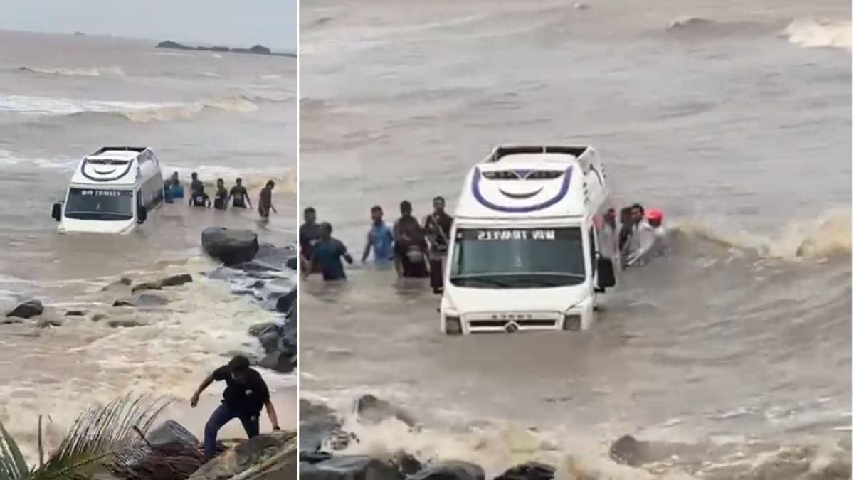 VIDEO: मुंबई के गोराई बीच पर हाई टाइड में फंसी मिनी बस, अफरा-तफरी के बीच समुद्र में उतरे यात्री, कोस्ट गार्ड और पुलिस ने ऐसे किया रेस्क्यू
