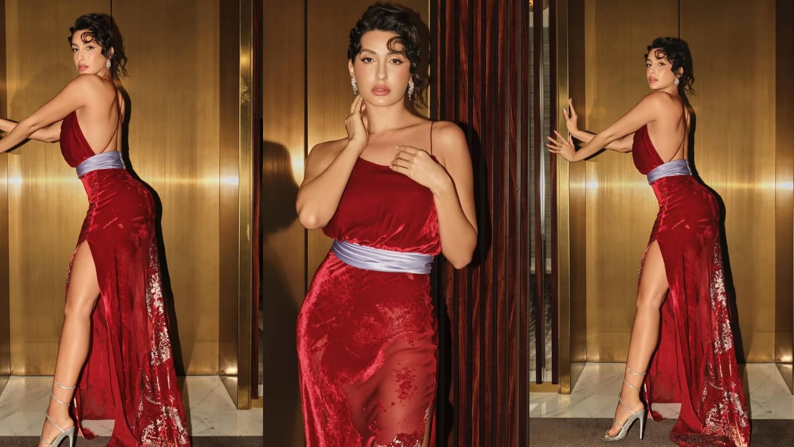 Nora Fatehi: रेड वेलवेट बैकलैस गाउन में नोरा फतेही ने ढाया कहर, सोशल मीडिया पर वायरल हुईं फोटोज