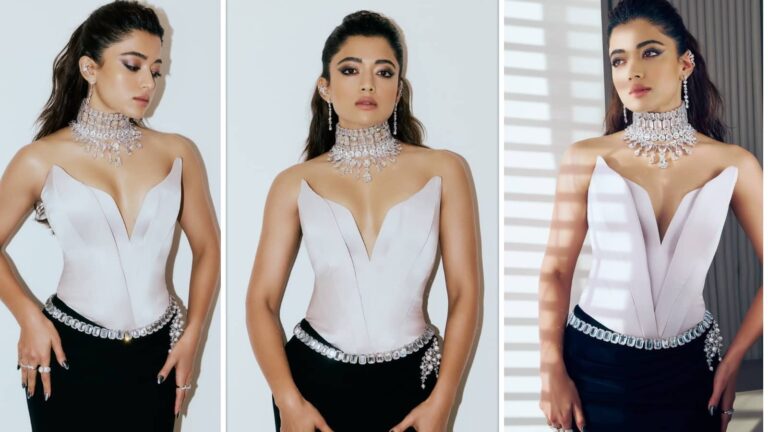 Rashmika Mandanna Looks: हीरे के गहने पहन रश्मिका मंदाना ने ढाया कहर, ऑफ शेल्डर ड्रेस में लगीं ग्ललैमर