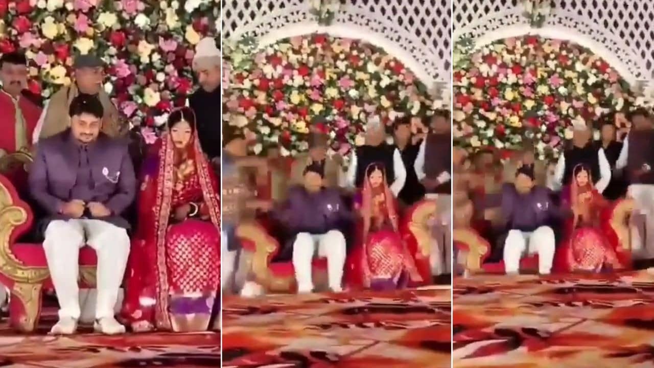 VIDEO: शादी में मचा हाहाकार, आशीर्वाद देने स्टेज पर चढ़े नेताजी, दूल्हा-दुल्हन समेत गिरे धड़ाम; मचा कोहराम
