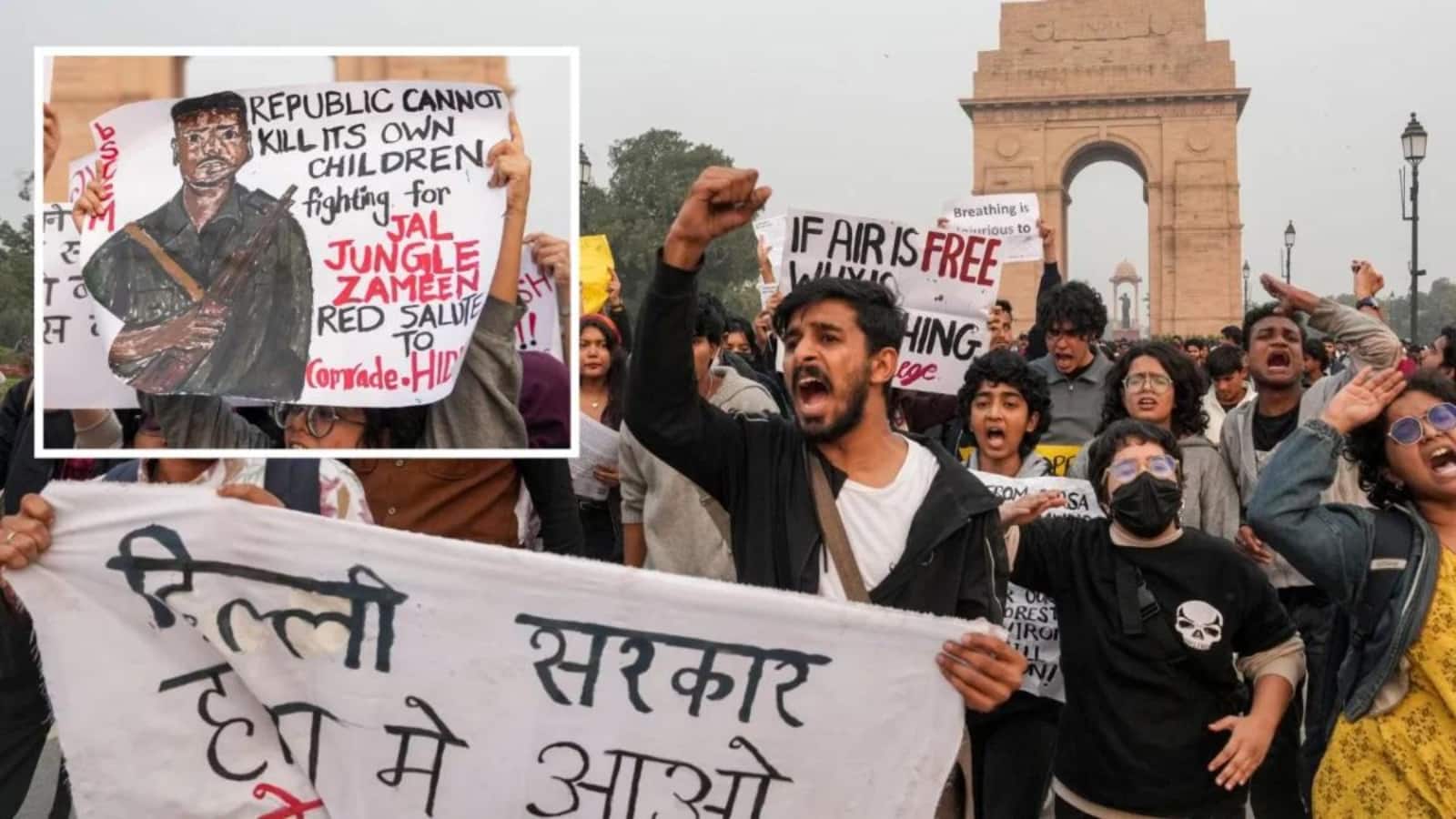 इंडिया गेट पर प्रदूषण विरोध प्रदर्शन में दिखाए गए माओवादि हिडमा के पोस्टर, पुलिस पर किया गया मिर्च स्प्रे, 15 गिरफ्तार