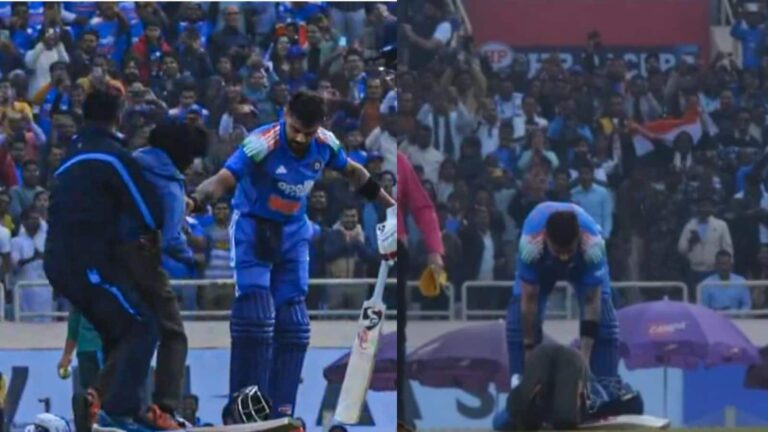 Video: कोहली के शतक लगाते ही सुरक्षा घेरा तोड़ मैदान पर घुसा सुपरफैन, विराट के छुए पैर; वीडियो वायरल