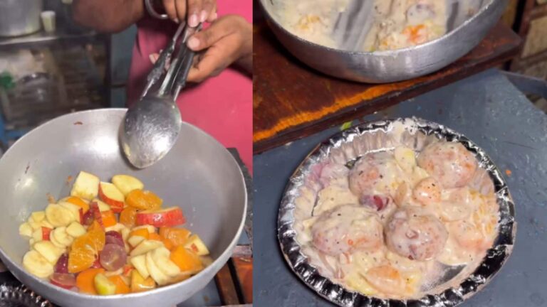 Video: दिल्ली के वेंडर के अनोखे 'फ्रूट ग्रेवी मोमो' को देख भड़के यूजर्स, बोले- 'हार्पिक भी डाल दो'