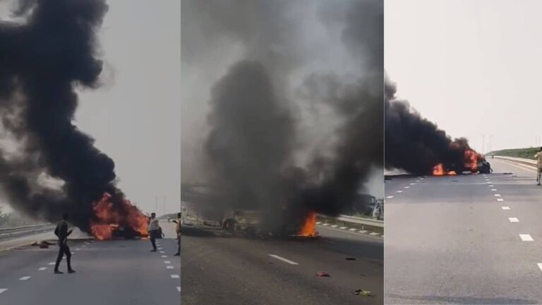 UP: बाराबंकी में भीषण सड़क हादसा, ब्रेजा ने खड़ी दूसरी कार में मारी टक्कर, धू-धू कर जल उठी दोनों गाड़ी, 5 लोगों की मौके पर मौत, VIDEO