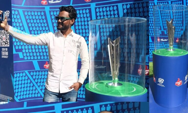 अहमदाबाद एयरपोर्ट पर सजी टी-20 वर्ल्ड कप 2026 की ट्रॉफी, फैंस के लिए खास मौका