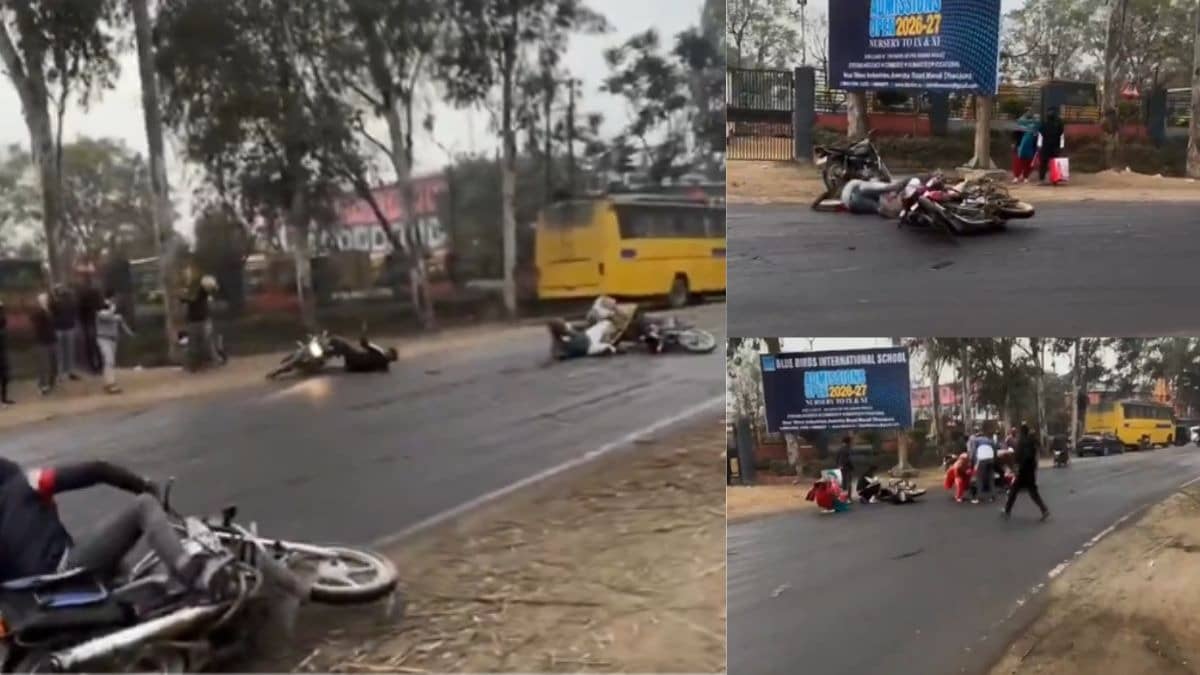 VIRAL VIDEO: 1-2-3-4-5... अमरोहा के इस सड़क में क्या है? देखते-देखते 10 बाइक सवार का हो गया एक्सीडेंट, वीडियो देख हर कोई हैरान