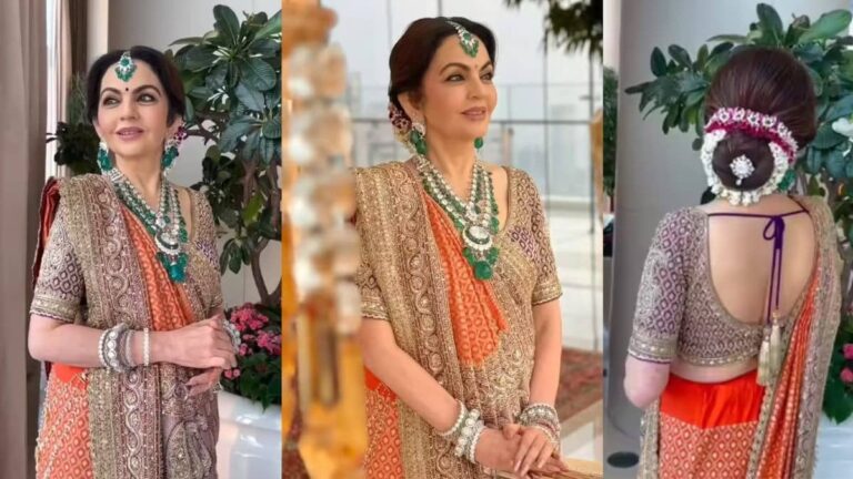 Nita Ambani Saree: सोने-चांदी की साड़ी और हीरों की चमक, भतीजे की शादी में नीता अंबानी का रॉयल लुक, नहीं लग रहीं किसी महारानी से कम