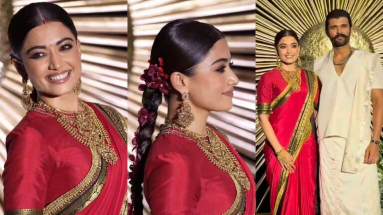Rashmka-Vijay Wedding Reception: हैदराबाद रिसेप्शन में चमके रश्मिका-विजय, लाल सब्यसाची सिल्क साड़ी और गोल्ड ज्वेलरी ने बटोरीं सुर्खियां