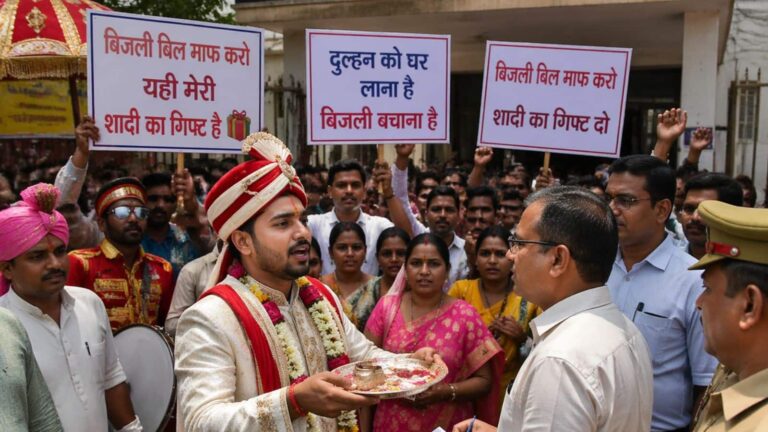 शादी से पहले दूल्हे ने किया आंदोलन, बारात लेकर पहुंचा DM ऑफिस! बोला- बिजली का बिल माफ करो, यही मेरा वेडिंग गिफ्ट है