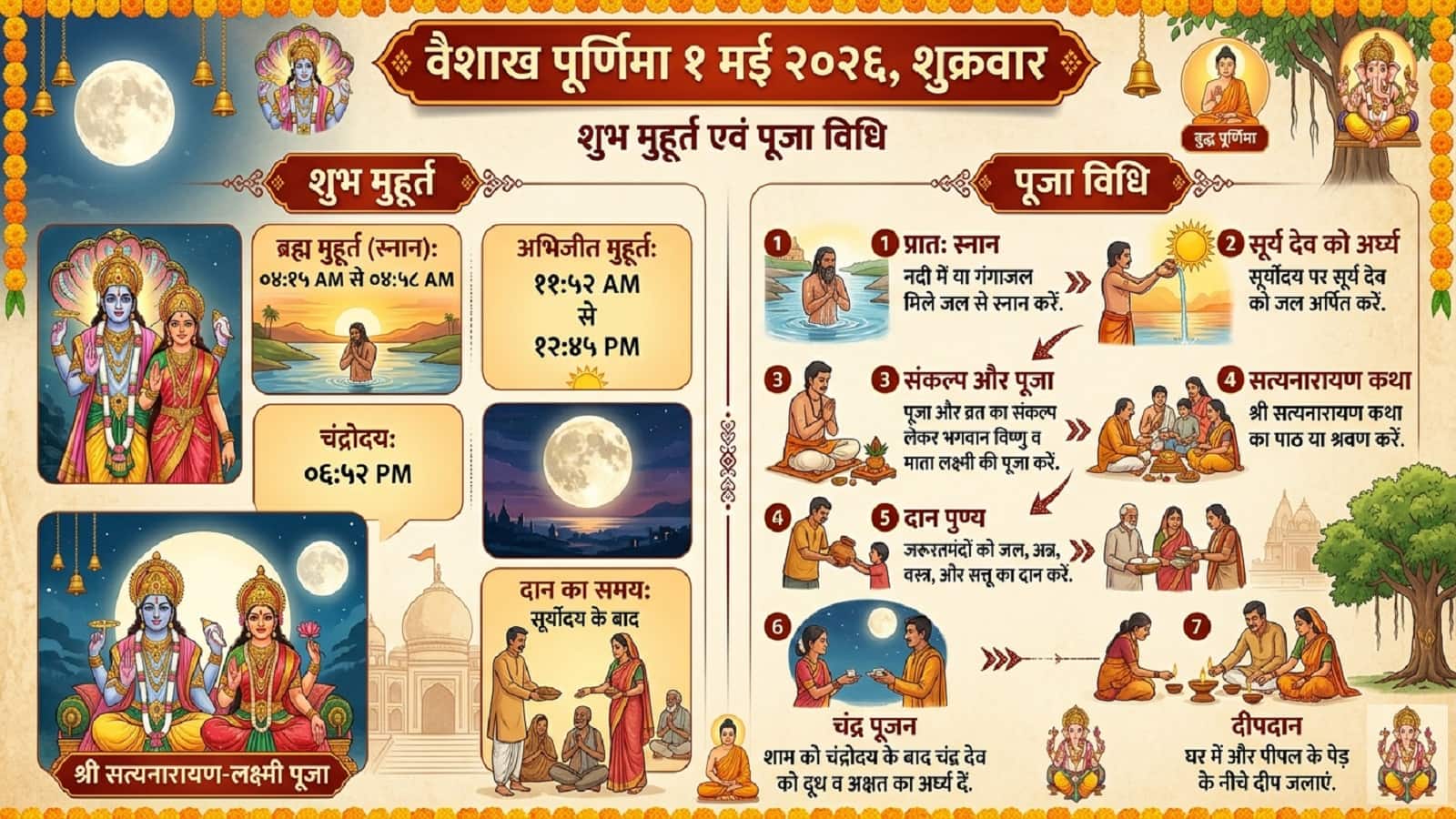 Vaishakh Purnima 2026 Date: कल वैशाख पूर्णिमा पर जल-सत्तू का दान करें, भगवान सत्यनारायण की कथा सुनें, जानें पूजा का मुहूर्त और विधि