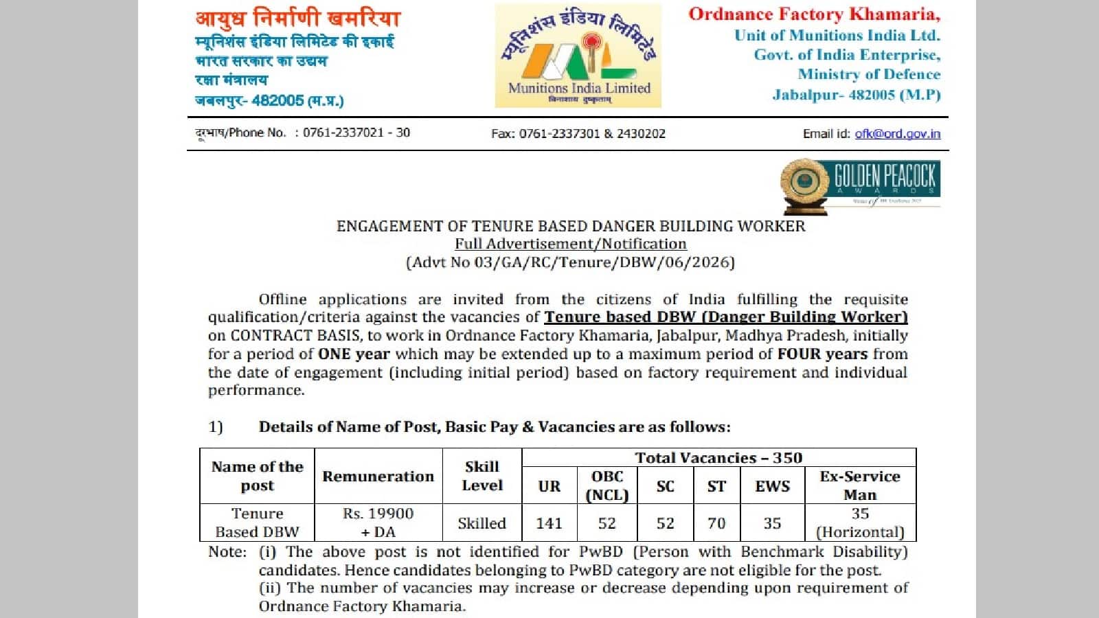 Ordnance Factory Khamaria Recruitment 2026: डेंजर बिल्डिंग वर्कर के 350 पदों पर भर्ती का मौका, बिना परीक्षा के सिर्फ मेरिट के आधार पर होगी भर्ती