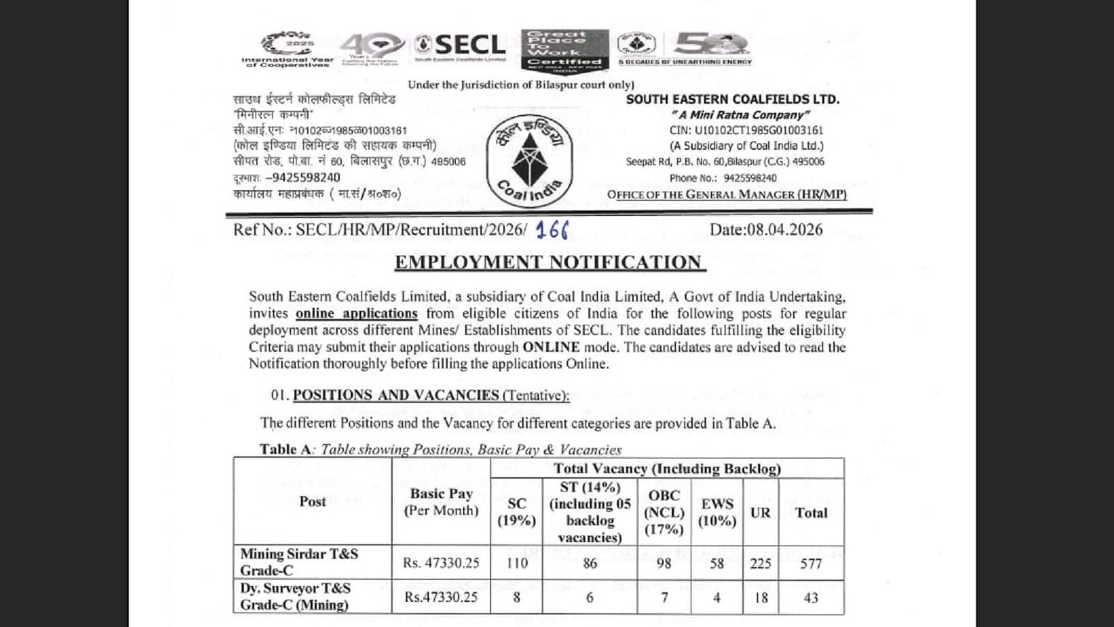 SECL Recruitment 2026: माइनिंग सरदार, डिप्टी सर्वेयर और असिस्टेंट फोरमैन के पदों पर 12वीं पास करनें आवेदन, 1055 पदों के लिए जारी हुआ नोटिफिकेशन