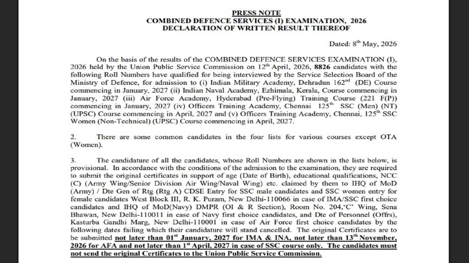 UPSC CDS I Result 2026 Declared: 8,800 से ज्यादा उम्मीदवार करेंगे एसएसबी इंटरव्यू की तैयारी, 12 अप्रैल को 451 पदों के लिए हुई थी परीक्षा