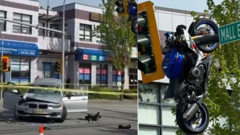 Viral Video: BMW कार से टकराई तेज रफ्तार मोटरसाइकिल और उड़ कर ट्रैफिक लाइट पर लटक गई! हैरतअंगेज एक्सिडेंट