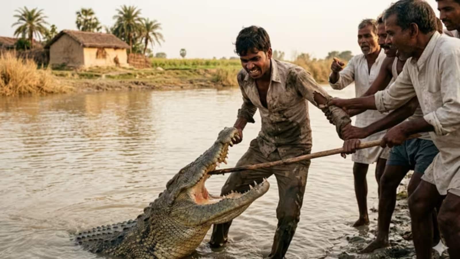 लखीमपुर खीरी के सुतिया नाले से अचानक निकला घड़ियाल और खुशी राम के हाथ, पीठ-पेट को काट खाया! लाठियों से मारते रह गए लोग