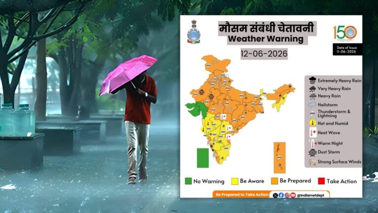 कल का मौसम 12 जून: IMD ने इन 19 राज्यों में भारी बारिश का अलर्ट दिया, दिल्ली, यूपी से बिहार तक थंडरस्टॉर्म! देखें Weather Update