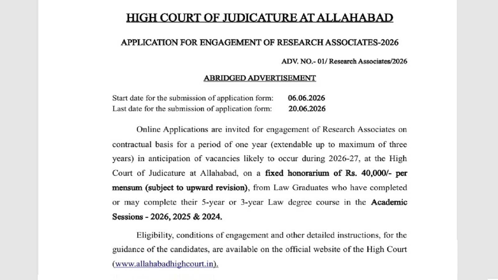Allahabad High Court Recruitment 2026: इलाहाबाद हाईकोर्ट में र‍िसर्च एसोसिएट बनने का मौका, 5 और 3 साल वाले लॉ ग्रेजुएट्स करें आवेदन