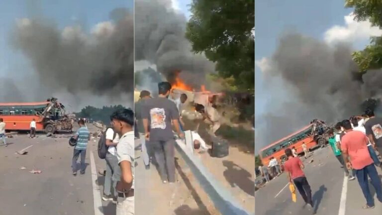 BREAKING: तापी-सूरत NH-53 पर भीषण सड़क हादसा, निगम की दो बसों की जोरदार टक्कर के बाद लगी आग, 6-7 लोग जिंदा जले, VIDEO