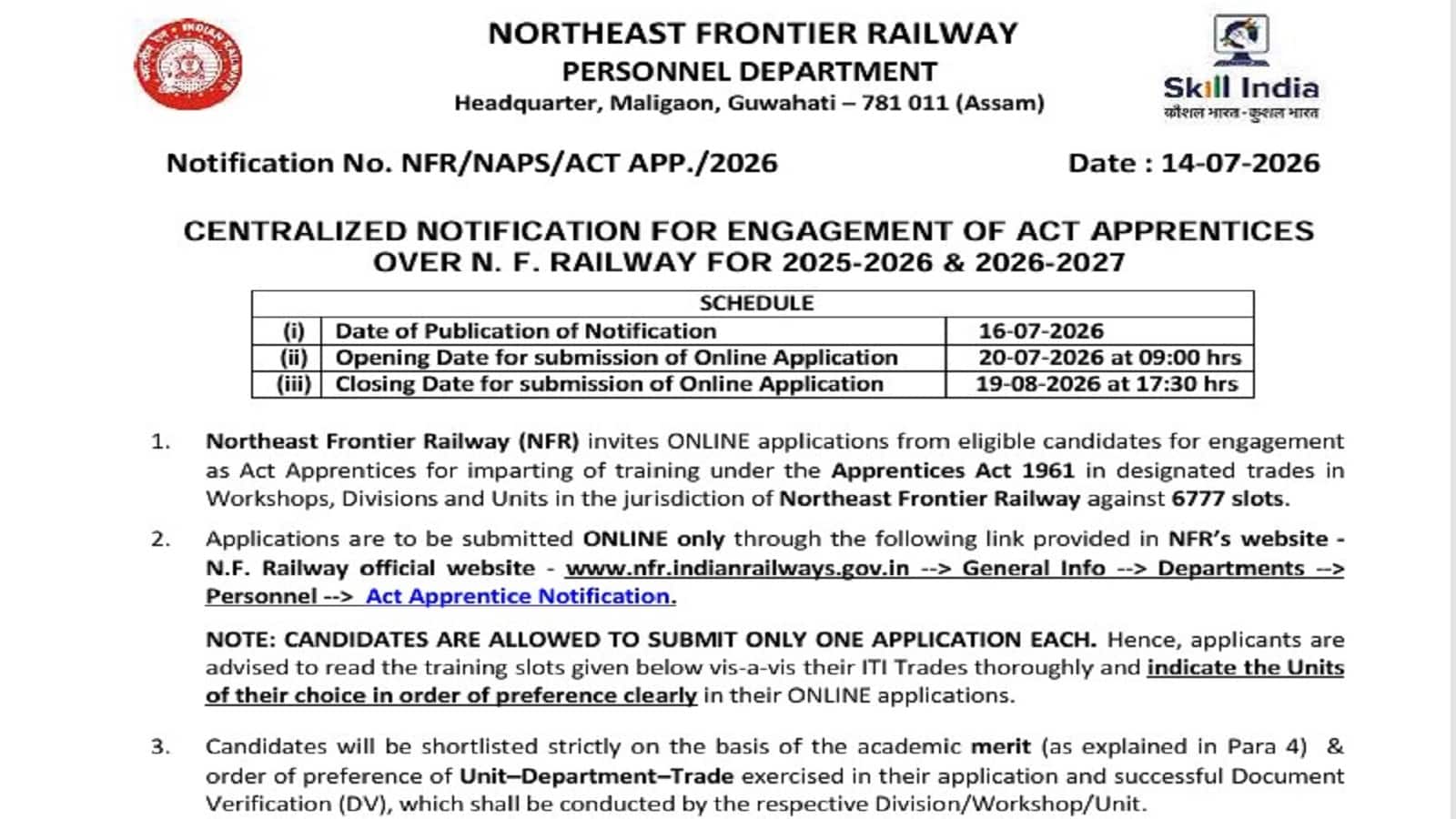 Railway NFR Apprentice Recruitment 2026: रेलवे ने शुरू की 6777 अप्रेंटिस पदों पर भर्ती, 10वीं पास और आईटीआई वाले भी कर सकते हैं आवेदन