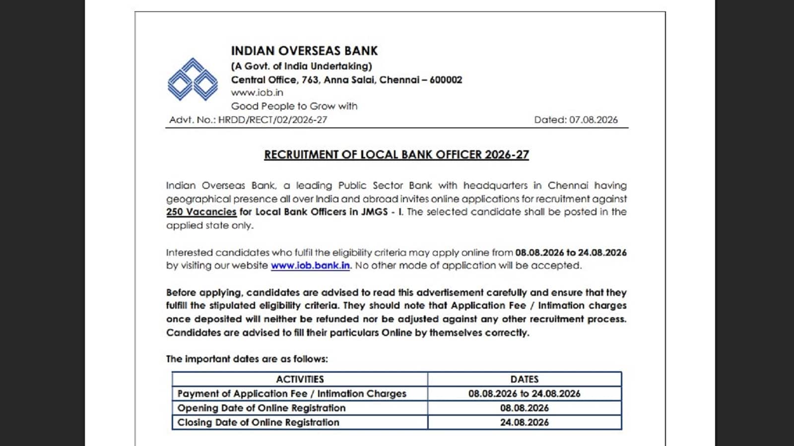 Indian Overseas Bank Recruitment 2026: आईओबी 250 लोकल बैंक ऑफिसरों की भर्ती, जानें कब से कब तक कर सकेंगे आवेदन